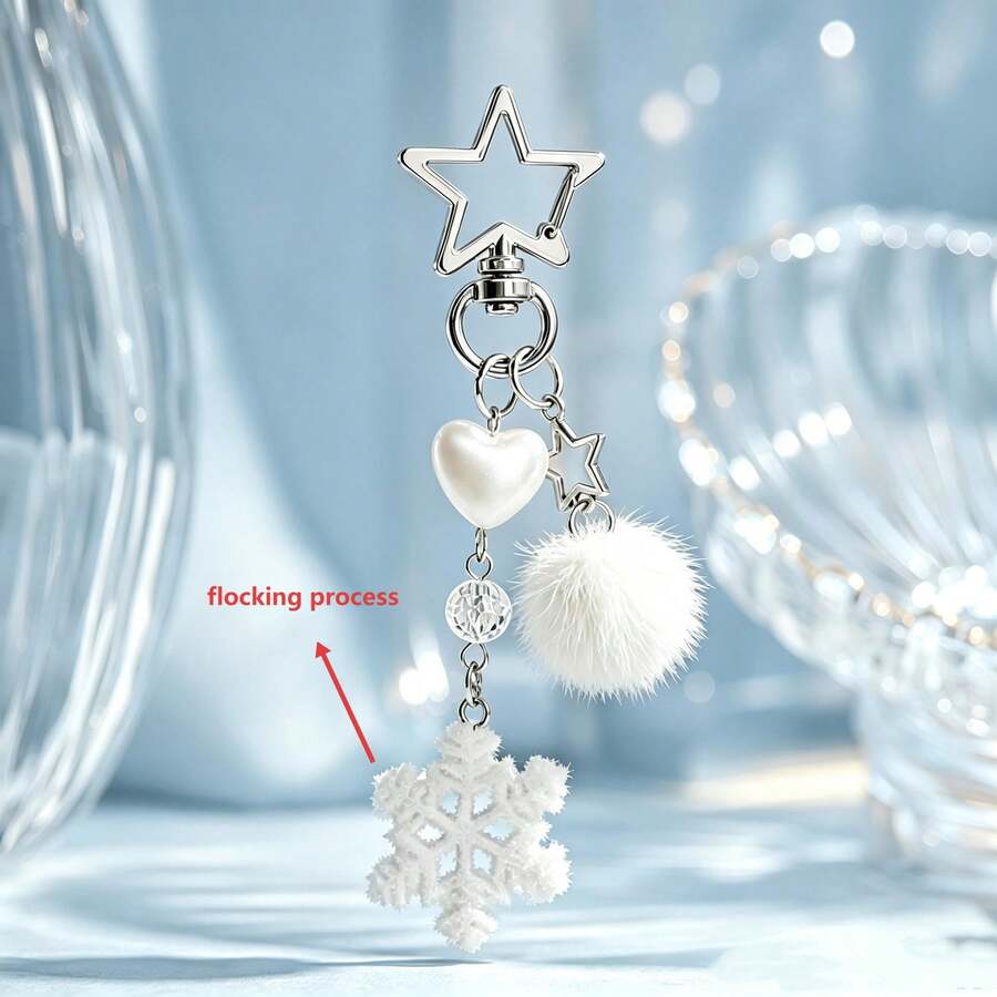 1pc/2pcs Women White Snowflake Pendant Heart Beaded Accessory Faux Mink Ball Charm Star Keychain Christmas Gift Bag Decoration - White - View 1