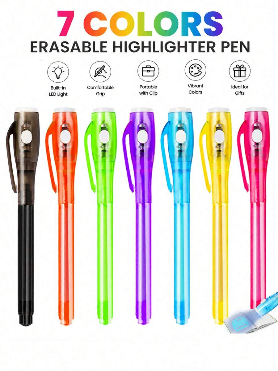 12/6pcs/1pc-7 Colors Invisible Ink Pen With UV Light - Invisible Pen Secret Message UV Pen Magic Marker Party Gift Halloween Christmas Stocking Stuffer Treasure Hunt Classroom Birthday Party Gift Gift Bag Filler Birthday Gift Classroom Prize - Multicolor - View 1