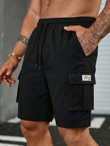 Men's Solid Color Pocket Casual Sports Shorts, Everyday Wear - Black - View 2