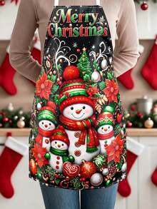 1pc Merry Christmas Apron - Snowman, Poinsettia, Xmas Ball Design, Polyester Holiday Decorative Apron, Suitable For Home Kitchen Baking, And Restaurant Servers, Christmas Kitchen Decor, Christmas Decorations - Multicolor - View 1