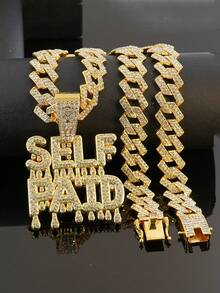 Hip-Hop Style SELF PAID Drip Letter Full Diamond Pendant With Iced Out Cuban Chain, Suitable For Rap Performance, Party Outfit, Unisex Niche Personalized Street Style Decorative Jewelry - SELF PAID - View 17