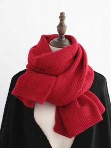 1pc Solid Color Knitted Couple Scarf, Simple Fashion Versatile Warm, Suitable For Autumn/Winter Outings - Cable Knit Scarf Burgundy - View 2