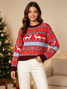 HOMEYEE Vintage Horizontal Stripe Christmas Reindeer Knit Sweater, Multicolor Snowflake Jacquard, Round Neck, Loose Fit, Slimming, Warm Pullover For Autumn/Winter Parties - Red - View 11