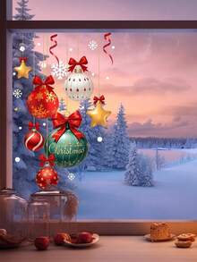 1pc Christmas Decoration Static Cling Window Sticker With Christmas Ball Snowflake Red Bow Design, Removable Double-Sided Visible Reuse PVC Stickers, Suitable For Living Room, Bedroom Home Decor And Window Glass Beautification Decoration - Multicolor - View 6
