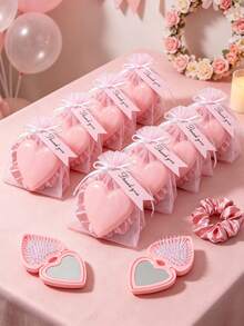 8/4/1 Set - Gender Reveal Party Favors, Pink Heart-Shaped Portable Folding Mirror Comb With Organza Bag And Thank You Card Gift Set - DIY Fillable Gift Bag, Cute Pink Heart Folding Mirror Comb, Scalp Massage Gift Packaging Bag Thank You Gift - Suitable As Baby Shower Party Favors, Baby Shower Gifts, Gender Reveal Party Theme, Children's Birthday Gifts, Guest Favors, Ideal Choice For Party Supplies And Decorations - Multicolor - View 9
