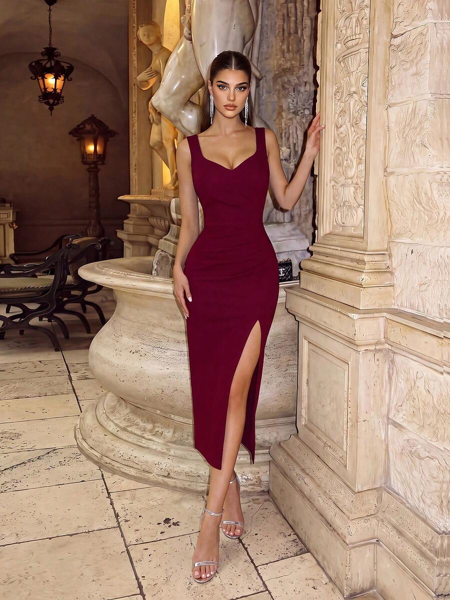 ADYCE Plus Size Women Solid Color Cocktail Dress, Ruched Bodice Design, Deep Slit To Thigh, Suitable For Party Wear - Burgundy - View 1