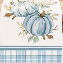 Autumn Blue Pumpkin Eucalyptus Leaf Table Runner, Buffalo Plaid Thanksgiving Kitchen Dining Table Decor For Indoor Outdoor Home Party - Blue - View 11