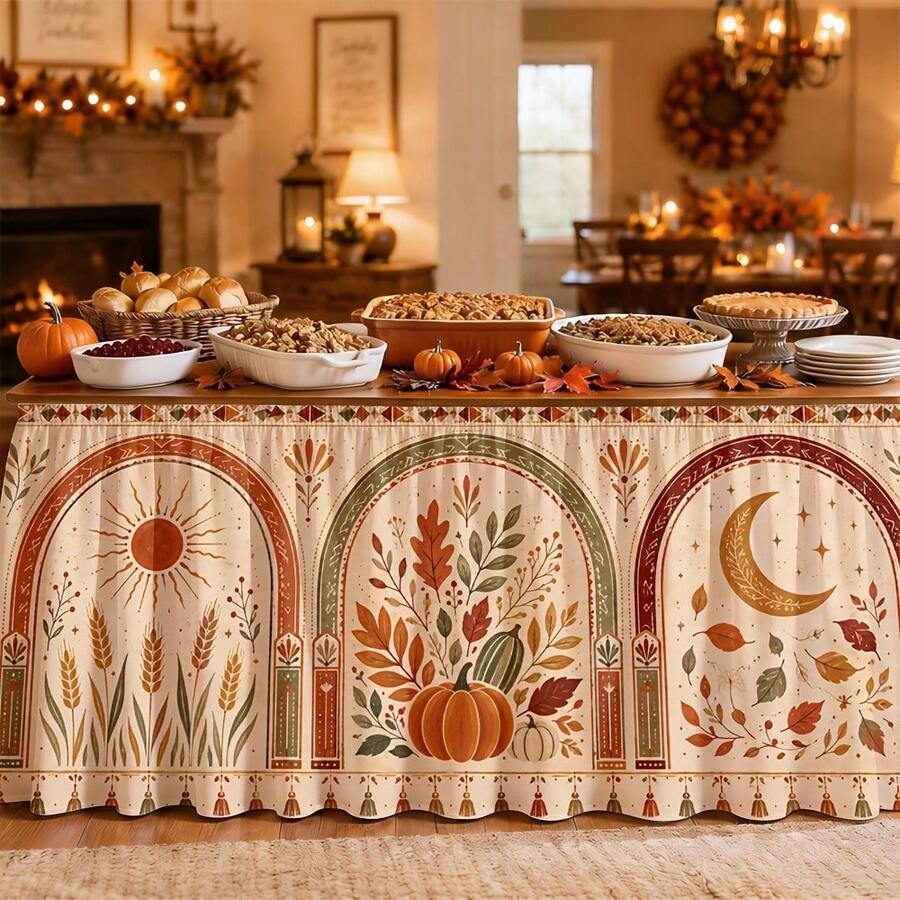 1pc Party Tablecloth Table Skirt, Autumn Harvest Table Skirt With Leaf, Pumpkin, Sun And Moon Pattern, Thanksgiving Decor For Dining Room, Kitchen, Living Room - A - View 1
