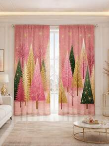 2 piezas de cortinas decorativas con tema navideño, patrón de árbol de Navidad rosa, adecuadas para decoración del hogar, decoración de ventanas, decoración de ambiente navideño para el hogar - Multicolor - Ver 1