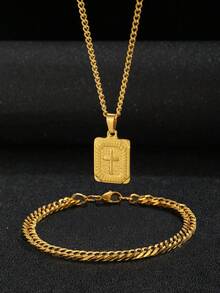 2pcs/Set Gold Cross Pendant Necklace Curb Chain Bracelet Hip Hop Jewelry For Boys Daily Streetwear Party Holiday Gift Fashion Accessories - Gold - View 2