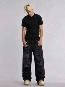1 buah Celana Jeans Denim Gaya Jalanan Hong Kong Pria, Celana Panjang Longgar dengan Efek Lusuh dan Cuci Sederhana, Celana Panjang Kasual Serbaguna untuk Semua Musim | Sabuk & Aksesoris Tidak Termasuk - Hitam - View 4