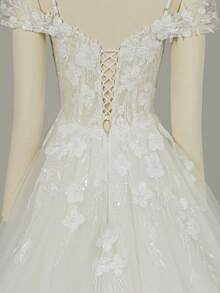 Elasola HEARBOBO Women's Applique Mesh Patchwork Elegant Cinched Waist Spaghetti Strap Wedding Dress Fall - White - View 2