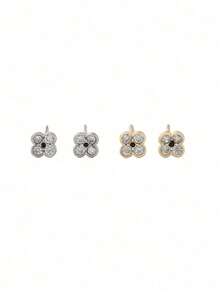 1 Pair Copper Alloy Korean Style Minimalist Four-Leaf Clover Rhinestone Stud Earrings, Gentle Elegant Flower Design, Daily Versatile Earring Accessory - Flower - View 6