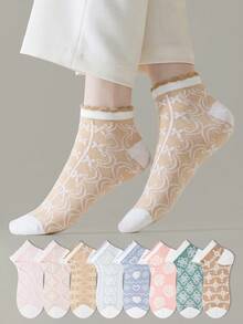 ZUJO 5 Pairs Women's Lace Ruffle Short Socks, Floral, Cable Knit And Bowknot Patterns, Simple And Comfortable, Suitable For All Seasons, French Country Style, Random Color - Multicolor - View 4