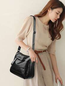 1pc Fashionable Retro Solid Color Soft Multi-Layer Crossbody Bag, Portable And Lightweight, Adjustable Shoulder Strap, Versatile Shoulder Bag For Shopping - Multi-color - View 2