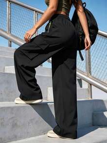 Women's Straight Drawstring Elastic Waist Zipper Pocket Sweatpants, Casual Outdoor Straight Cargo Pants, Neon Color Accents, Spring/Autumn Black - Black - View 3