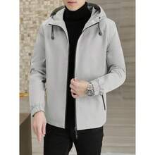 Wind-Resistant Zip-Up Coat For Autumn Outdoor Activities, Stylish And Warm Casual Hooded Solid Color OuterwearMen'S Fleece Jacket, - Light Grey - View 4