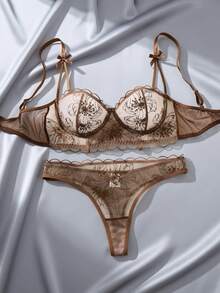 1 Set Of 2 Pieces Dark Brown Floral Embroidered Lace Lingerie Set With Bow Decoration Shoulder Strap - Coffee Brown - View 1