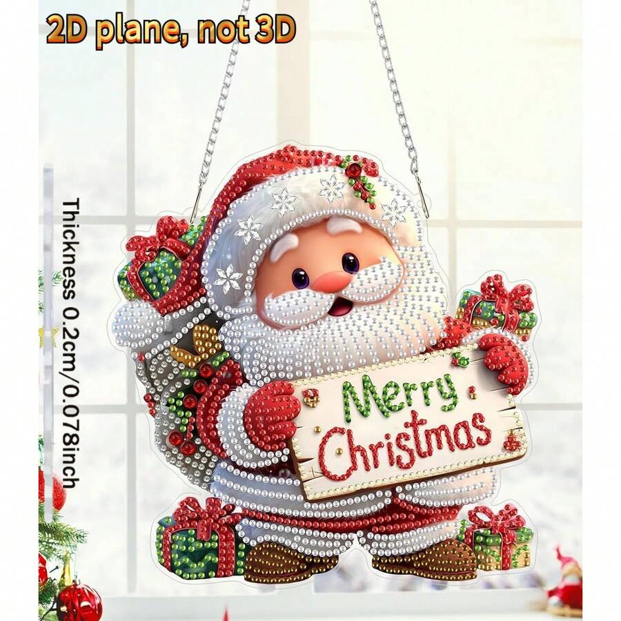 2D Flat Christmas Santa Claus Diamond Painting Hanging Decor Set (Adult Version), Merry Christmas Diamond Painting Decorative Hanging Ornament, Home Garden Wall Decoration Gift DIY Irregular Rhinestone Window Pendant Set - C - View 1