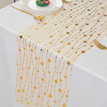 1pc Transparent Mesh Star Garland Christmas Holiday Table Runner, Elegant Thin Mesh Glitter Tablecloth Centerpiece Home Decor For Holiday Birthday Party Dinner, Gold And Silver - Gold - View 3