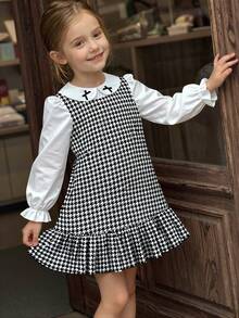 Autumn/Winter Girls Casual Cute Versatile Simple Elegant Fashion 3D Bow Petal Long Sleeve Colorblock Dress - Black and White - View 1