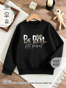 Tween Girl Be Real Not Perfect Letter Graphic Crew Neck Sweatshirt, Soft Cotton Long Sleeve Basic Pullover Top - Black - View 7