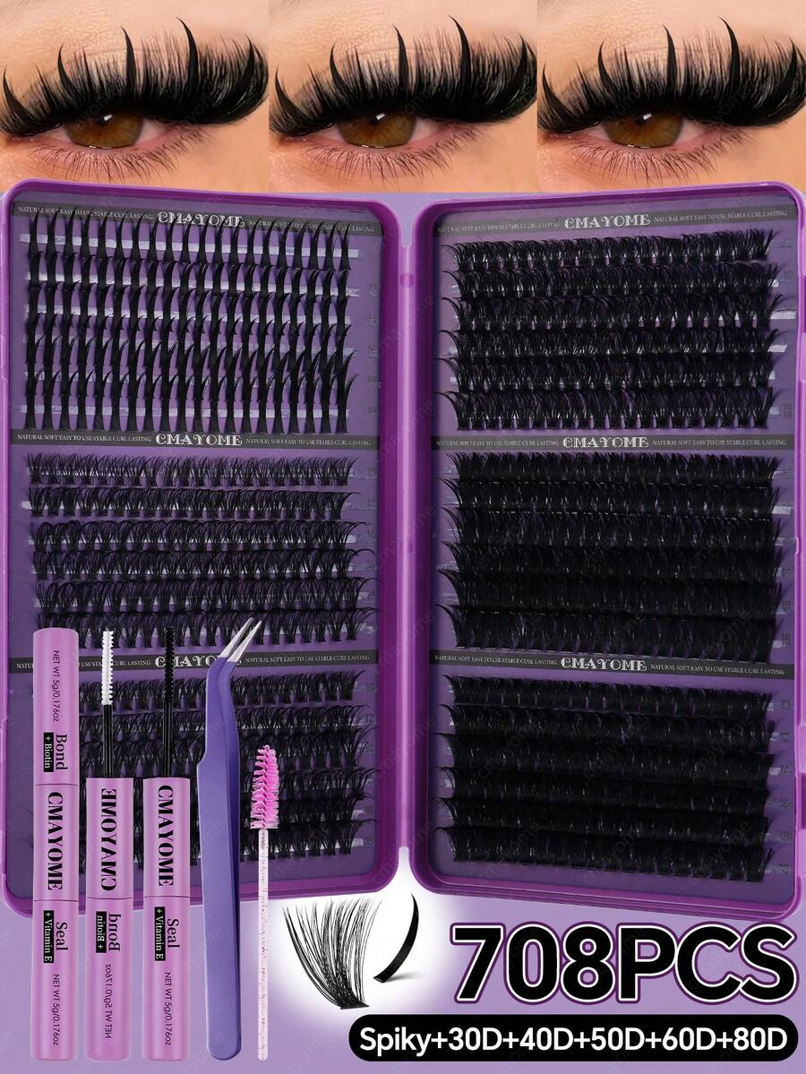 708/700/684/600/180pcs Eyelash Extension Kit, DIY Segmented Lashes, Large Capacity Soft False Eyelash Bundle Set, Suitable For Beginners, DIY Home Use, Fluffy And Thick, Easy To Use, Portable And Reusable, Spiky+D-Curl False Eyelashes