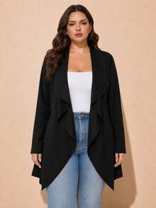 Plus Size Women's Waterfall Collar Asymmetrical Hem Long Sleeve Knit Cardigan, Elegant Casual Open Front Jacket, Black - Black - View 4