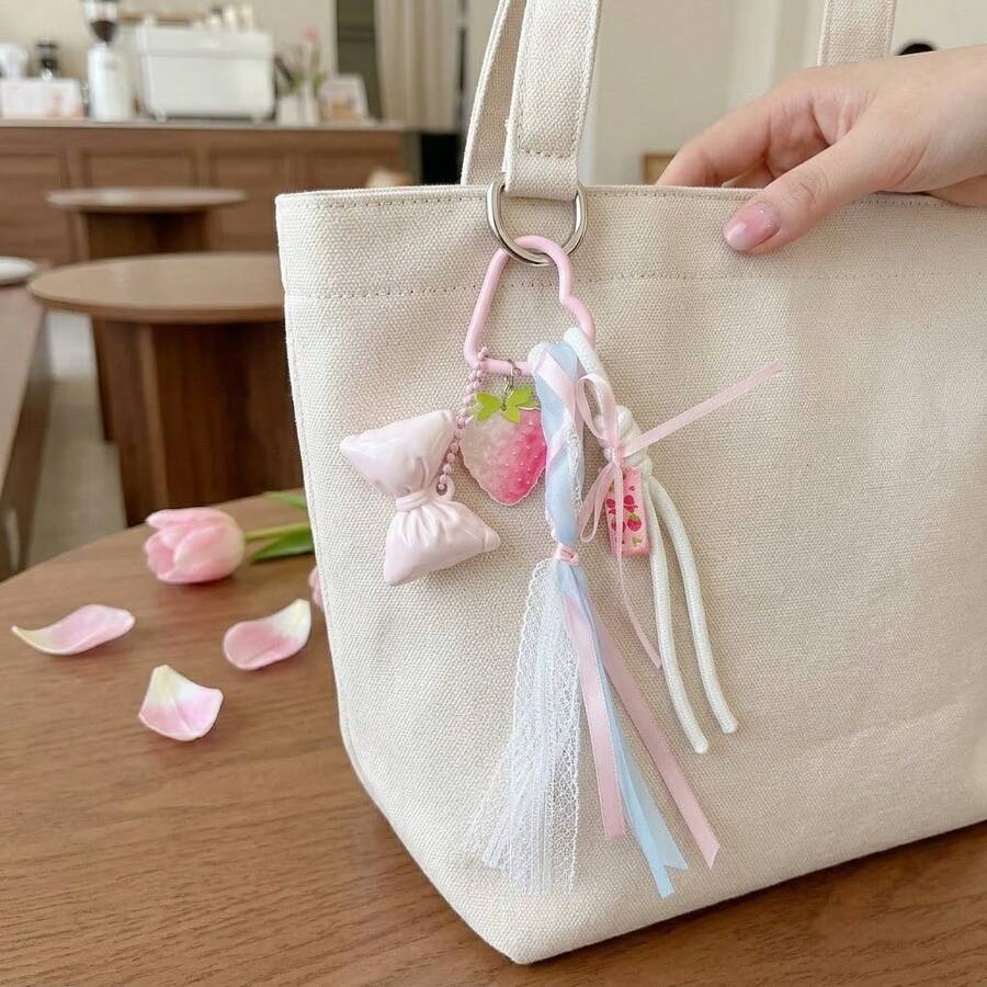 Strawberry Bag Charm, Lace Bow Ribbon Heart Buckle Keychain, Sweet Cute Bag Pendant, Backpack Charm, Fashionable Personalized Small Gift Accessory - Multicolor - View 1