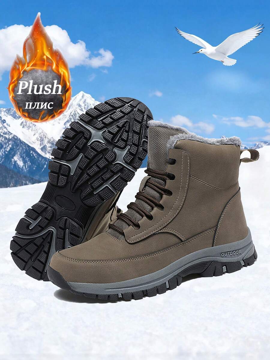 36-48 Size Plus Size Men's Winter Plush Lining Snow Boots, Non-Slip Hiking Shoes, Durable Thick Sole, Suitable For Winter Daily Walking And Outdoor Snow Strolling - 909 Khaki - View 1
