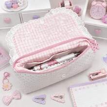 1pc Cute Lace Pink Plaid Polka Dot Pencil Case (No Pendant Single Pencil Case), Bow And Heart Decoration, Single Zipper Large Capacity Stationery Storage Bag, Makeup Bag, Suitable For Teenagers Daily School Supplies And Back To School, Birthday, Halloween, Christmas Gifts - Multicolor - View 1