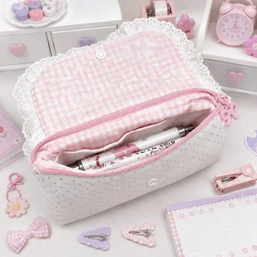 1pc Cute Lace Pink Plaid Polka Dot Pencil Case (No Pendant Single Pencil Case), Bow And Heart Decoration, Single Zipper Large Capacity Stationery Storage Bag, Makeup Bag, Suitable For Teenagers Daily School Supplies And Back To School, Birthday, Halloween, Christmas Gifts - Multicolor - View 1