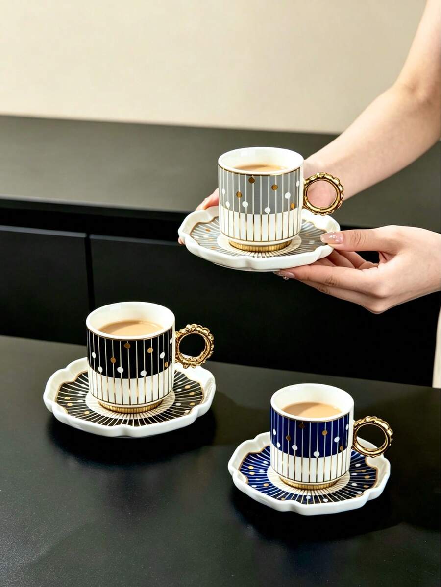 1/3 Sets 110ml Premium Nordic Ceramic Cup & Saucer Set,Piano Note Pattern Coffee Mug With Heat Resistant Handle, Dishwasher , Perfect For Espresso Afternoon Tea Cup,Party & Kitchen, Ideal Gift For Women/Girls ,Housewarming,Back To School Present - Multicolor - View 1