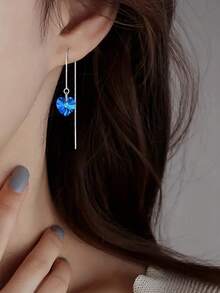1 Pair S925 Sterling Silver Minimalist Luxury Cool Tone Ins Blue Heart Long Earline French Fashion Gentle Atmosphere Elegant Niche Design Ocean Heart Tassel Heart-Shaped Women's Earrings Fresh Elegant Personality High-End Party Versatile Accessory Gift - Love - View 8