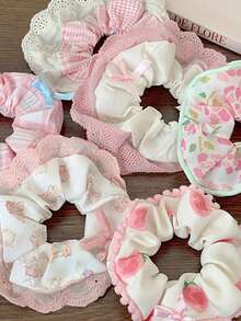 2/6pcs Peach Pink Lace Trim Scrunchies, Pink Sweet Cute Bow Lace Multi-Functional Hair Tie Hair Accessories Set, Peach Pink Lace Trim Scrunchies High Elasticity, Non-Damaging Hair Ties Mori Style Super Fairy Hair Rope Sweet Hair Accessories, Add Atmosphere Decorative Gift First Choice - Multicolor - View 9