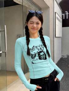 Vintage Portrait Letter Print Design Short Top, Sexy Slim Fit Y2K Square Shoulder Long Sleeve T-Shirt For Women - Mint Green - View 1