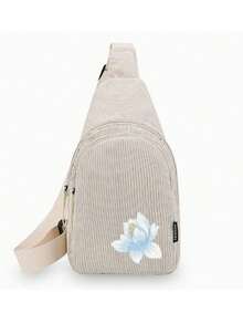 Embroidered Lotus Pattern Crossbody Bag, Unique Printed Corduroy Crossbody Bag, Adjustable Shoulder Strap, Perfect For School, Travel And Leisure - Multicolor - View 15