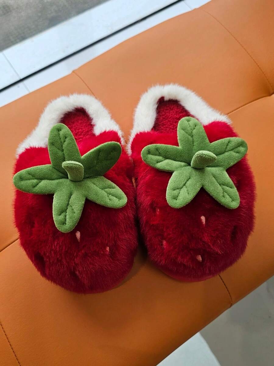 Don't Miss It! Price Rising Soon! Women Warm Non-Slip 3D Strawberry Pattern Closed-Toe House Slippers, Cute Winter Red Fur Plush Indoor Home Slides