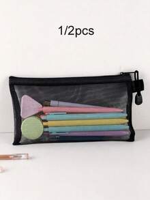 1/2 piezas Estuche para lápices de malla de nailon de gran capacidad en color negro, bolsa de almacenamiento para estudiantes, bolsa con cremallera para documentos y artículos de papelería - Talla única para todos - Ver 1
