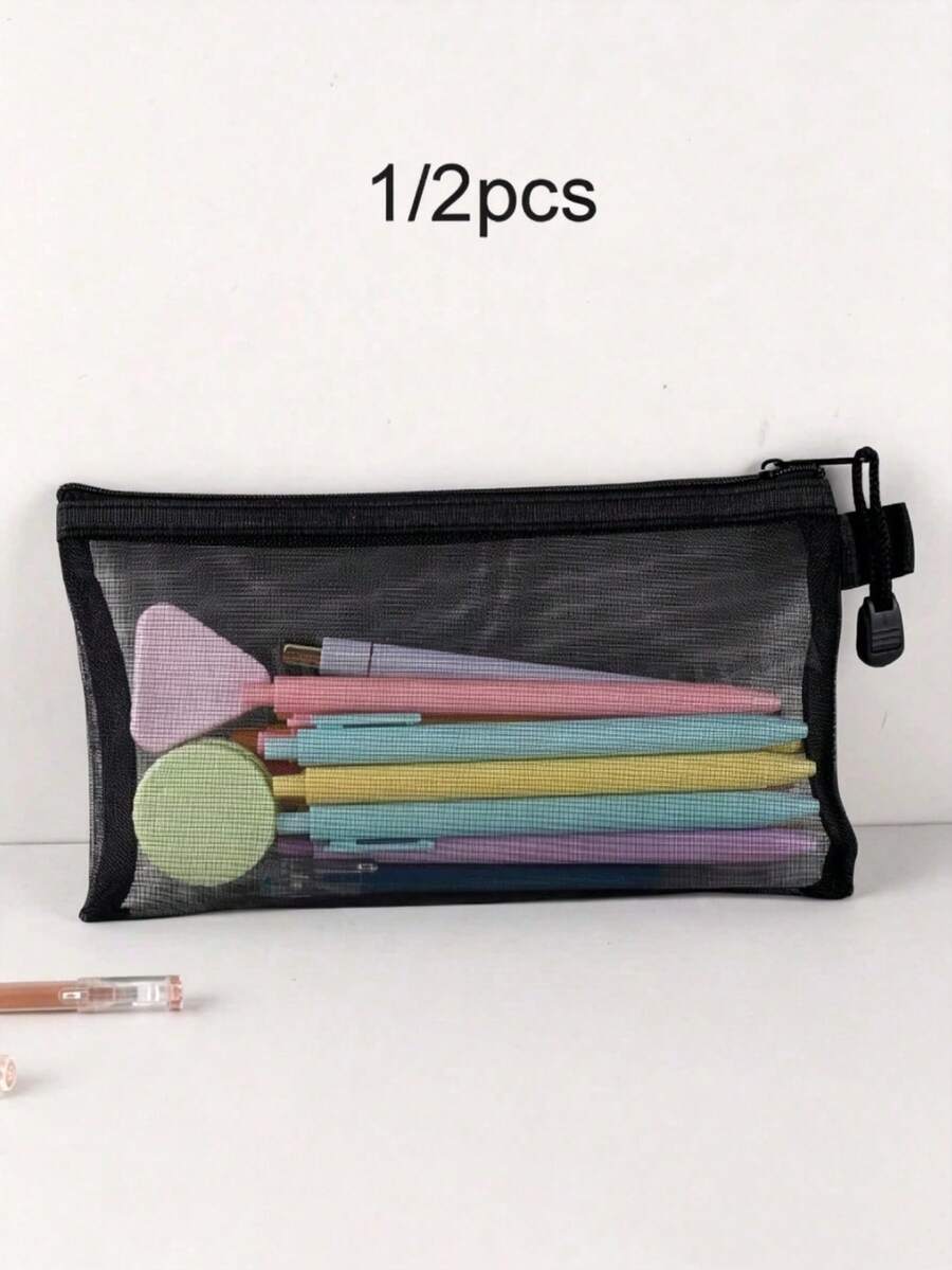 1/2 piezas Estuche para lápices de malla de nailon de gran capacidad en color negro, bolsa de almacenamiento para estudiantes, bolsa con cremallera para documentos y artículos de papelería - Talla única para todos - Ver 1