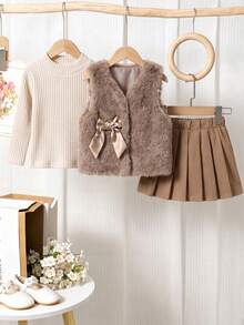 Baby Girl Autumn/Winter 3 Pieces Set: Plush Vest, Satin Bow Fur Vest, Semi-High Neck Base Layer Top, Pleated Skirt - Khaki - View 1
