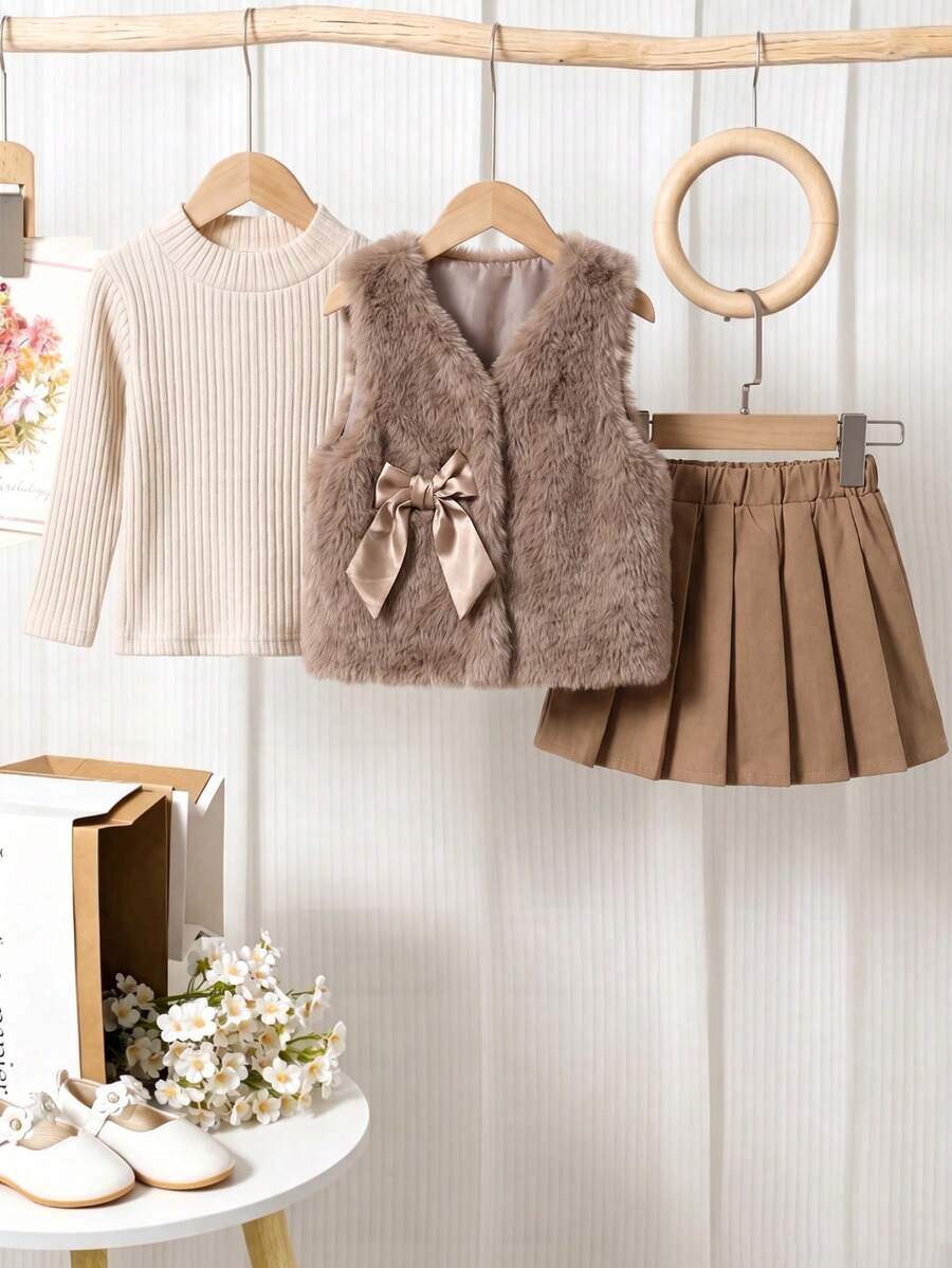 Baby Girl Autumn/Winter 3 Pieces Set: Plush Vest, Satin Bow Fur Vest, Semi-High Neck Base Layer Top, Pleated Skirt - Khaki - View 1