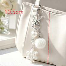 1pc/2pcs Women White Snowflake Pendant Heart Beaded Accessory Faux Mink Ball Charm Star Keychain Christmas Gift Bag Decoration - White - View 2