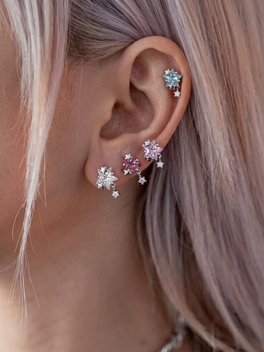 1pc Stainless Steel Star Diamond Stud Earrings For Women, Everyday Wear - Star - View 1