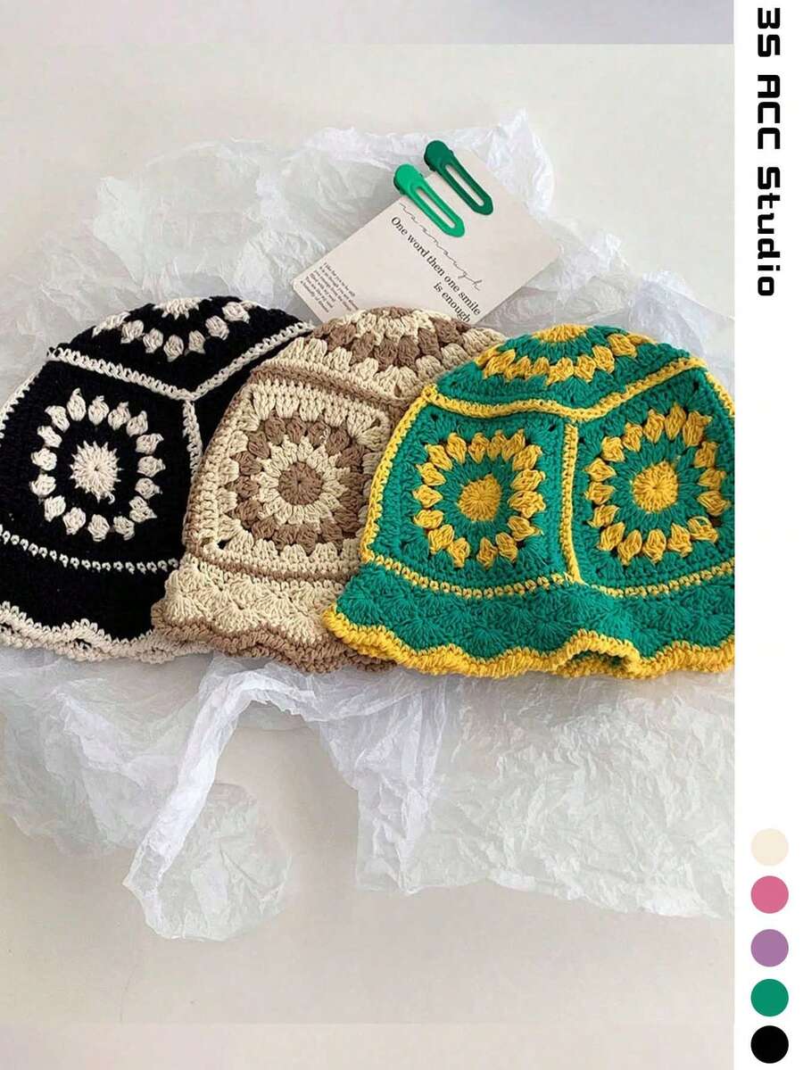 Colorful Handmade Contrast Color Minimalist Niche Design Crochet Hollow Drape Bucket Hat For Women, Artistic Face-Slimming Bucket Hat, Maillard Handmade Knitted Bucket Hat