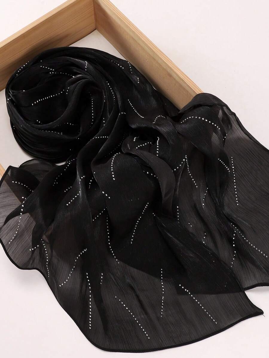 1pc Solid Color Fashionable Rectangular Textured Chiffon Hijab Scarf - Black Rhinestones - View 1