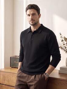 Men's Lightweight Knitted Pullover Sweater With Polo Collar, Autumn/Winter, Long Sleeve Top - Black - View 5