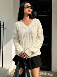 Cable Knit Off-Shoulder V-Neck Sweater, Long Sleeves, Ribbed Hem, Soft Stretch, White Fall Winter Casual Everyday Pullover For Women - Apricot - View 2