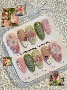 10pcs Y2K Wearable Nails, 3D Flower, Ladybug & Plaid Pattern, Medium Almond Shape Acrylic Nails, Suitable For Summer Vacation & Daily Gatherings - Multicolor - View 1