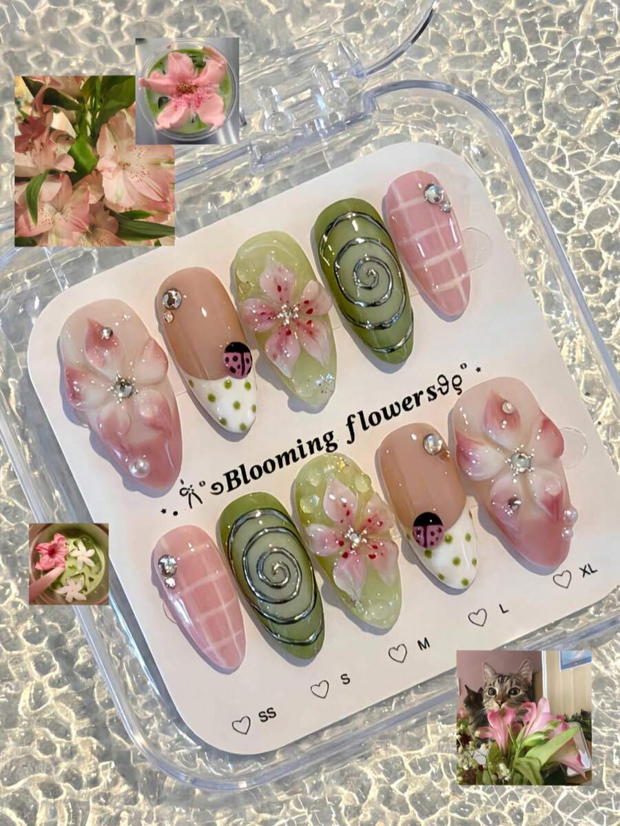 10pcs Y2K Wearable Nails, 3D Flower, Ladybug & Plaid Pattern, Medium Almond Shape Acrylic Nails, Suitable For Summer Vacation & Daily Gatherings - Multicolor - View 1